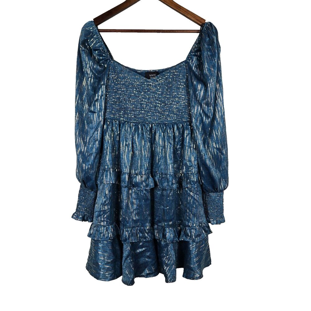 Vici Shine On Women's Medium Metallic Tiered Baby‎ Doll Dress Blue Gold Metallic